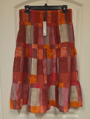 NIC+ZOE Multicolor Patchwork Tiered Midi Skirt in Red, Orange and Pink